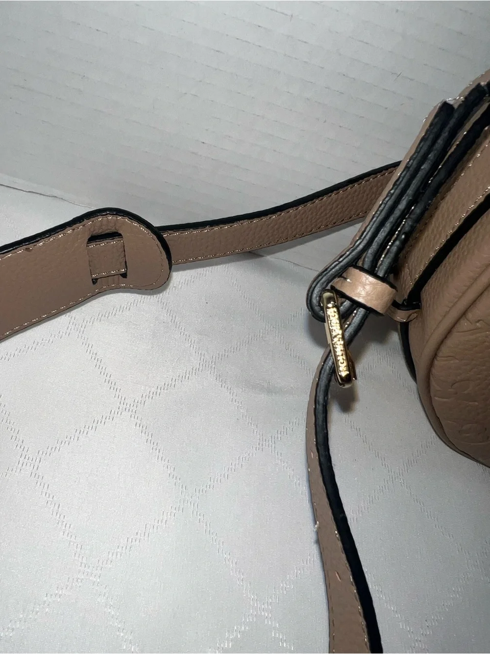 Designer inspired half-moon shoulder bag in a neutral taupe leather w/monogram